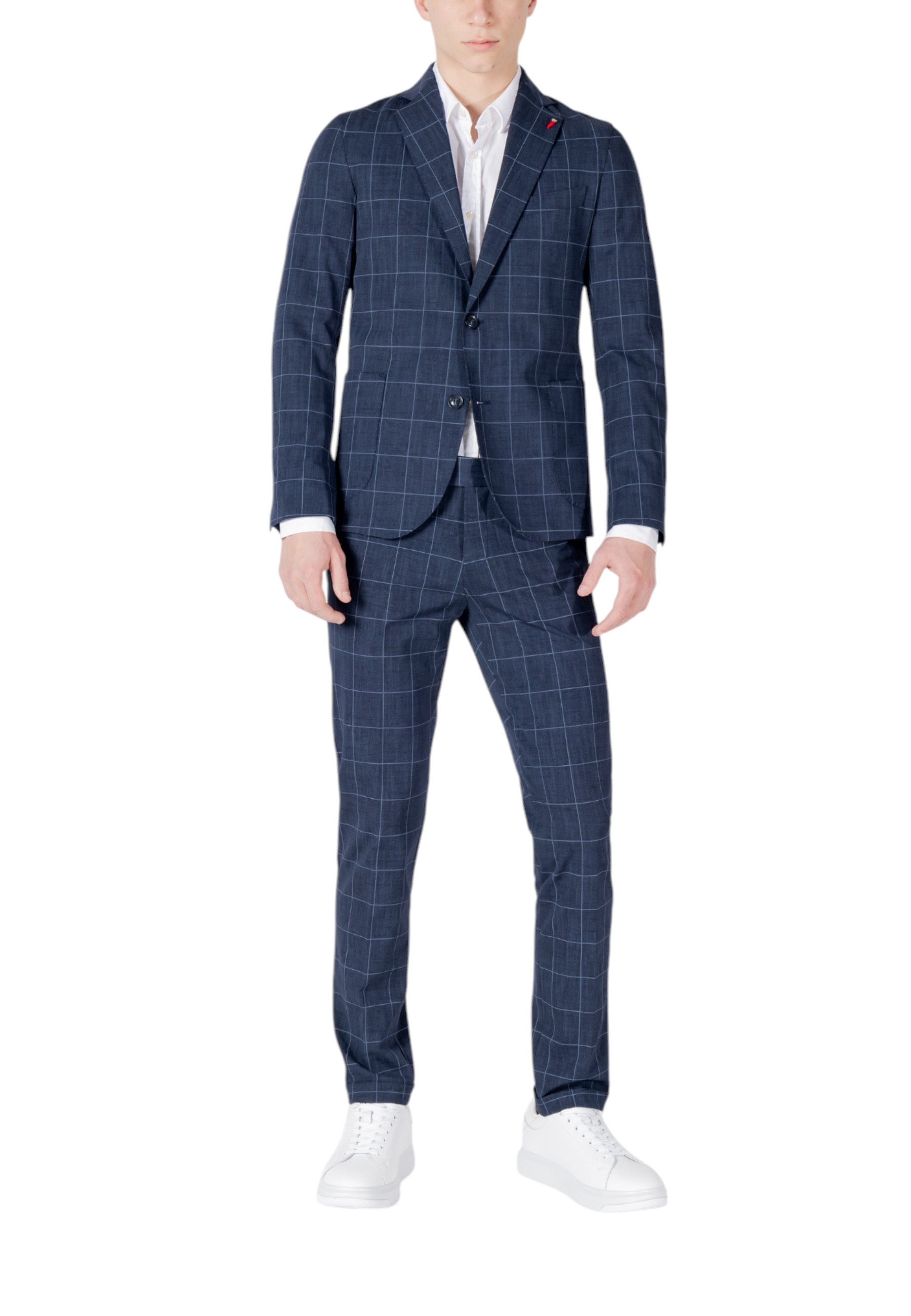 Blue Checked Stretch Cotton Blend Suit