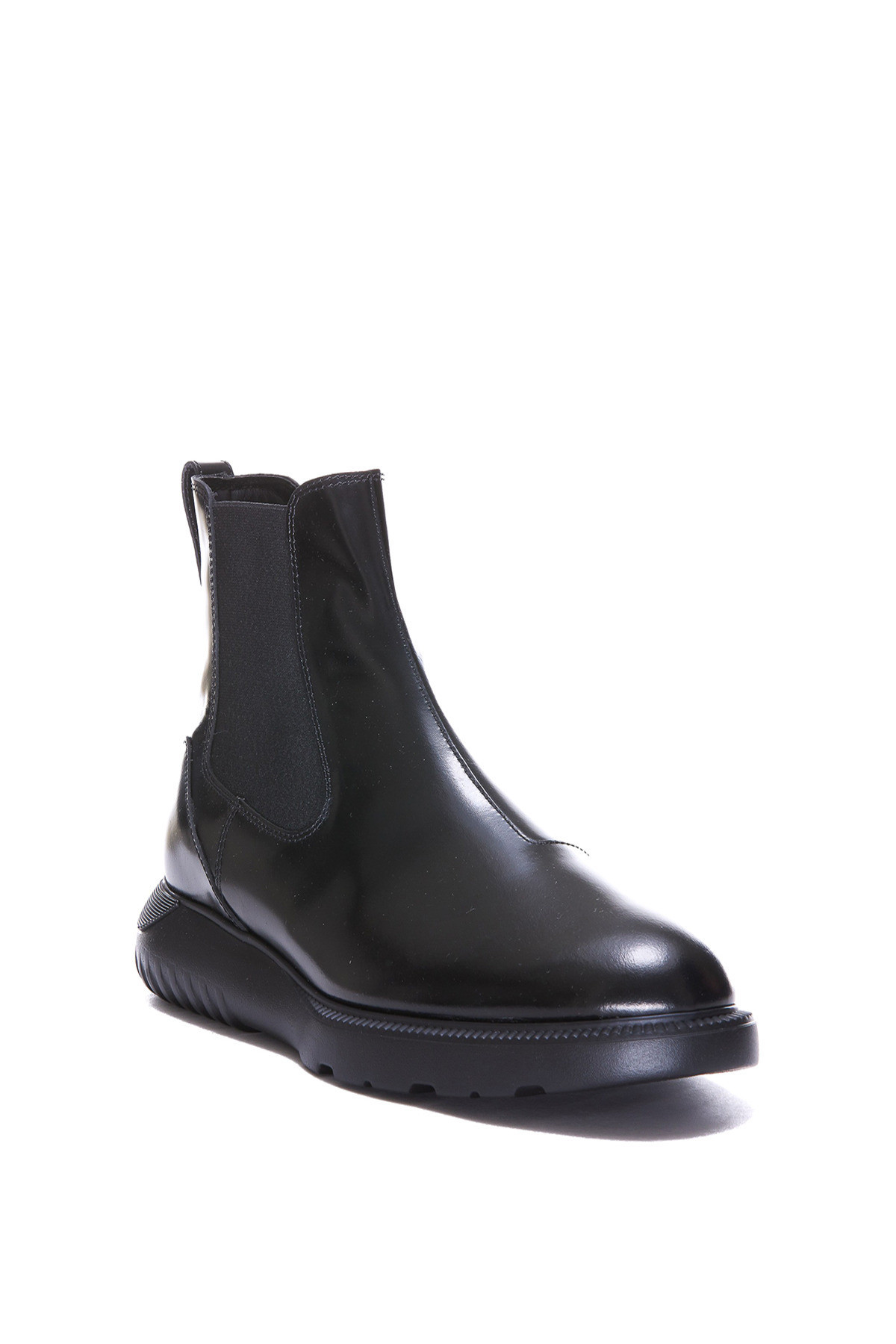 Black Leather Slip-On Boots with Round Toe