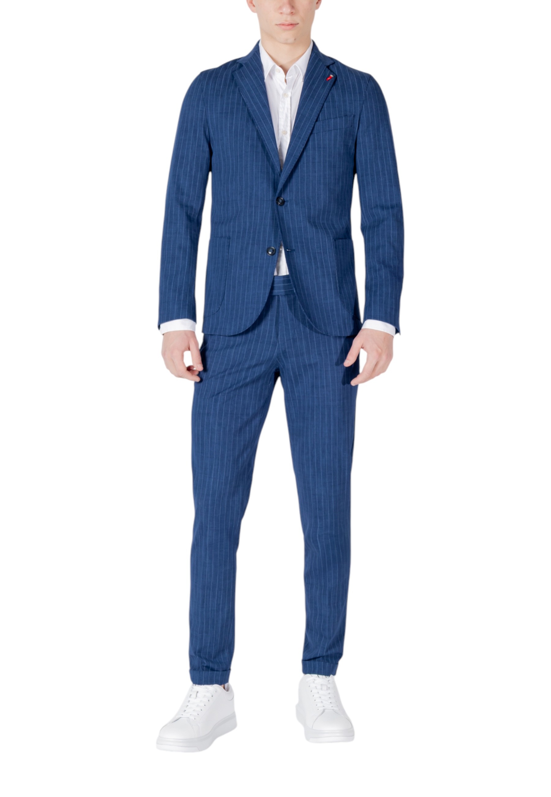 Pinstripe Suit in a Blue Stretch Cotton Blend