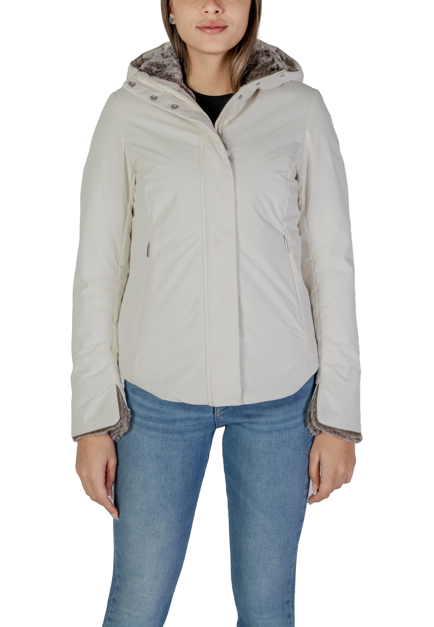 Beige Hooded Jacket with Turtleneck Collar