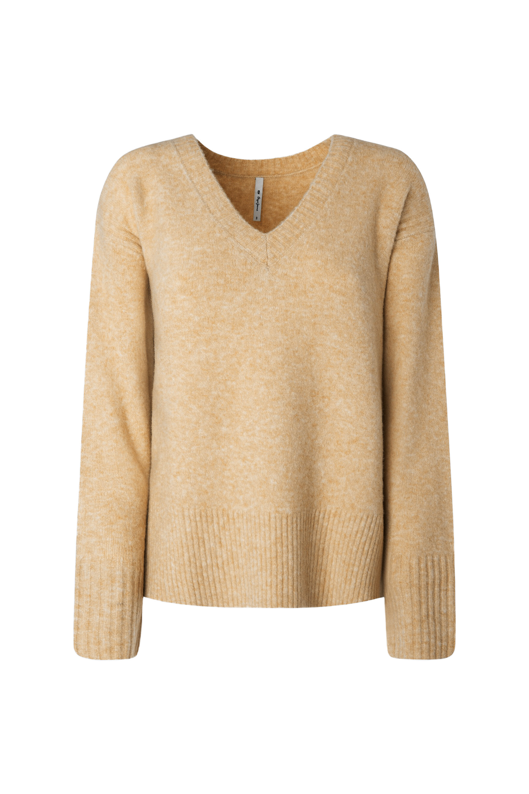 Beige V-Neck Wool Blend Knit Sweater