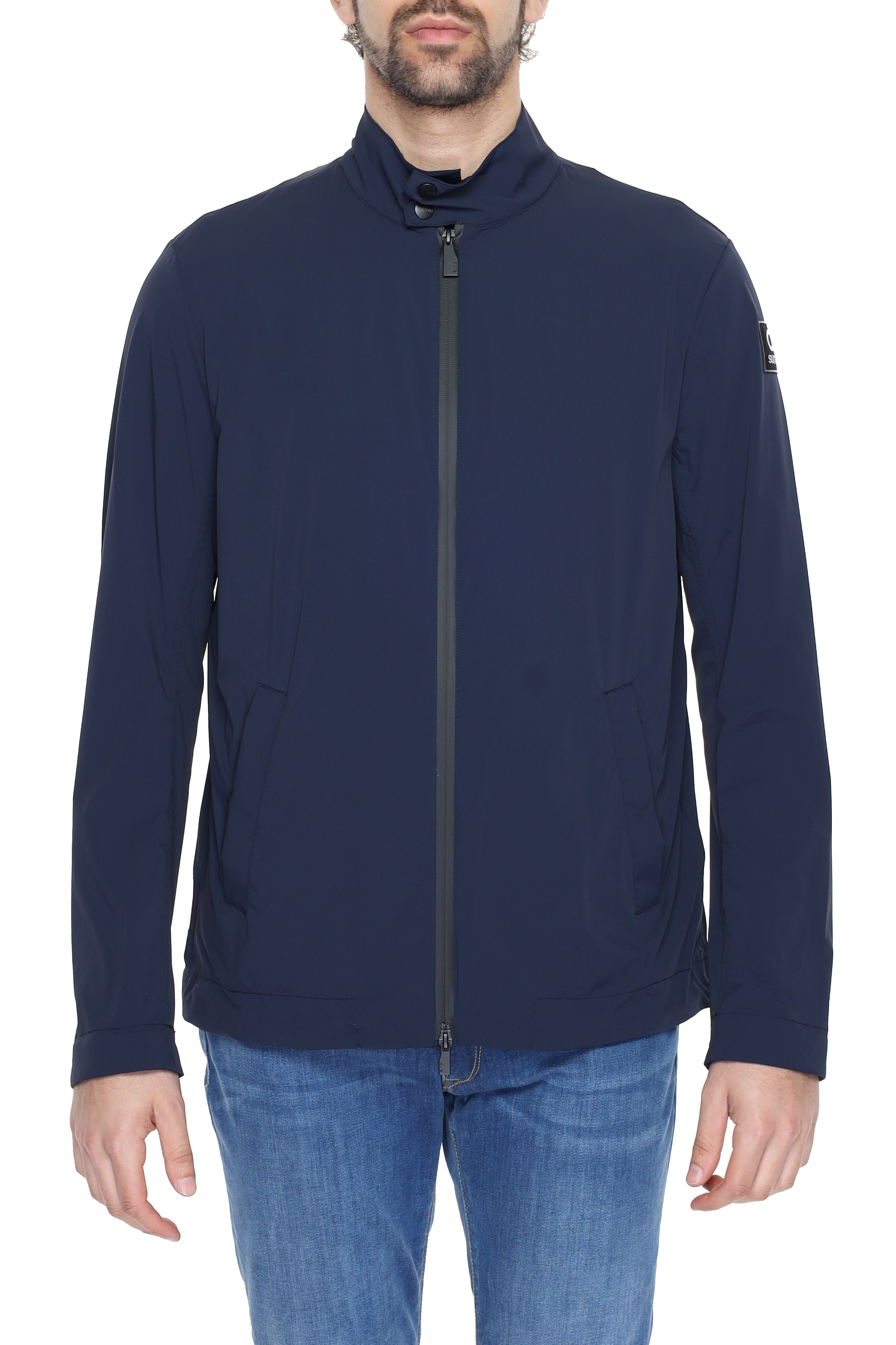 Blue Stretch Blazer with Zip and Button Closure